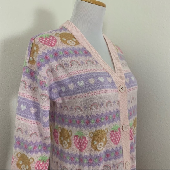 Hot Topic Pastel Teddy Bear & Strawberries Cardigan Longline Sweater Kawaii - Picture 4 of 17
